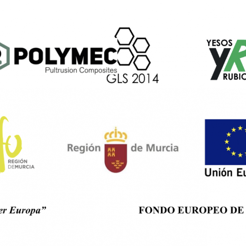 Logos Greenmur, Polymec, Yesos Rubio, Centro tecnológico de mármol, piedra y materiales, logo info, logo Región de Murcia, Logo Unión Europea. Una manera de hacer Europa. Fondo Europeo de desarrollo Regional.